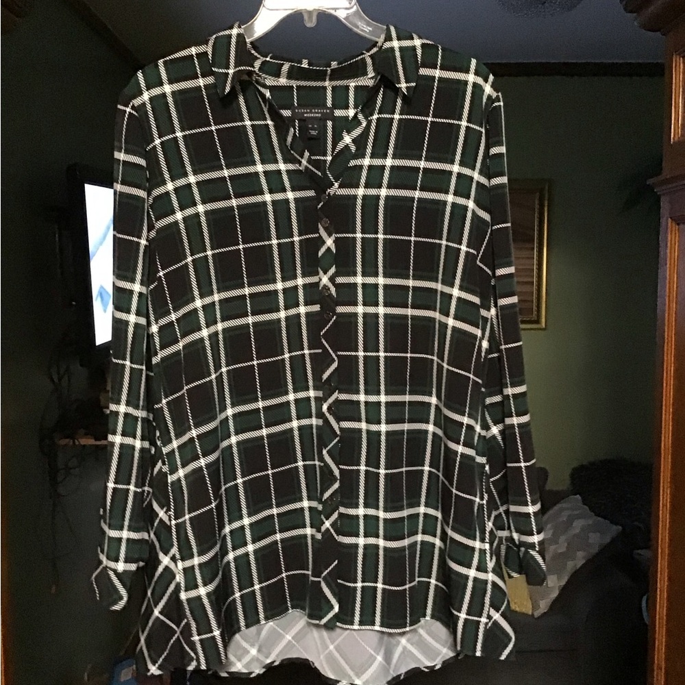 Black / White / Green Plaid Button Oversized Shirt